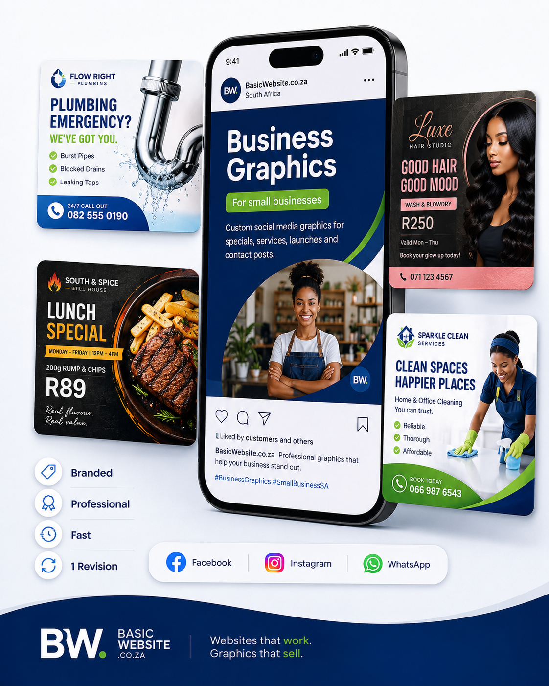 Sample business graphics for plumbing, salon, restaurant and cleaning businesses