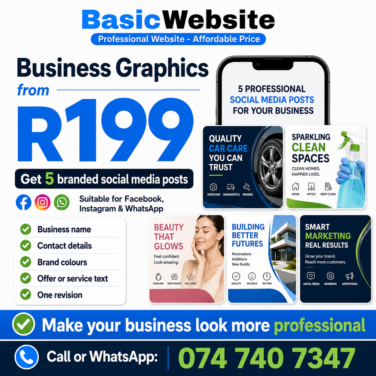 BasicWebsite Business Graphics from R199 - five branded social media posts