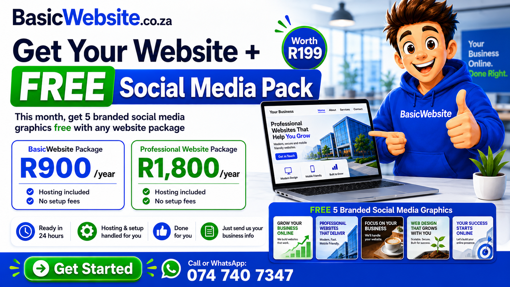 July special: get a BasicWebsite or Professional Website package and receive five branded social media graphics free, worth R199.