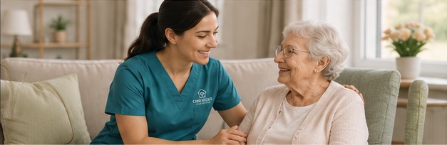 Home nursing care consultation with a smiling elderly client