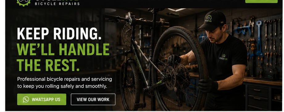 CycleHub bicycle repair workshop with a technician servicing a bike