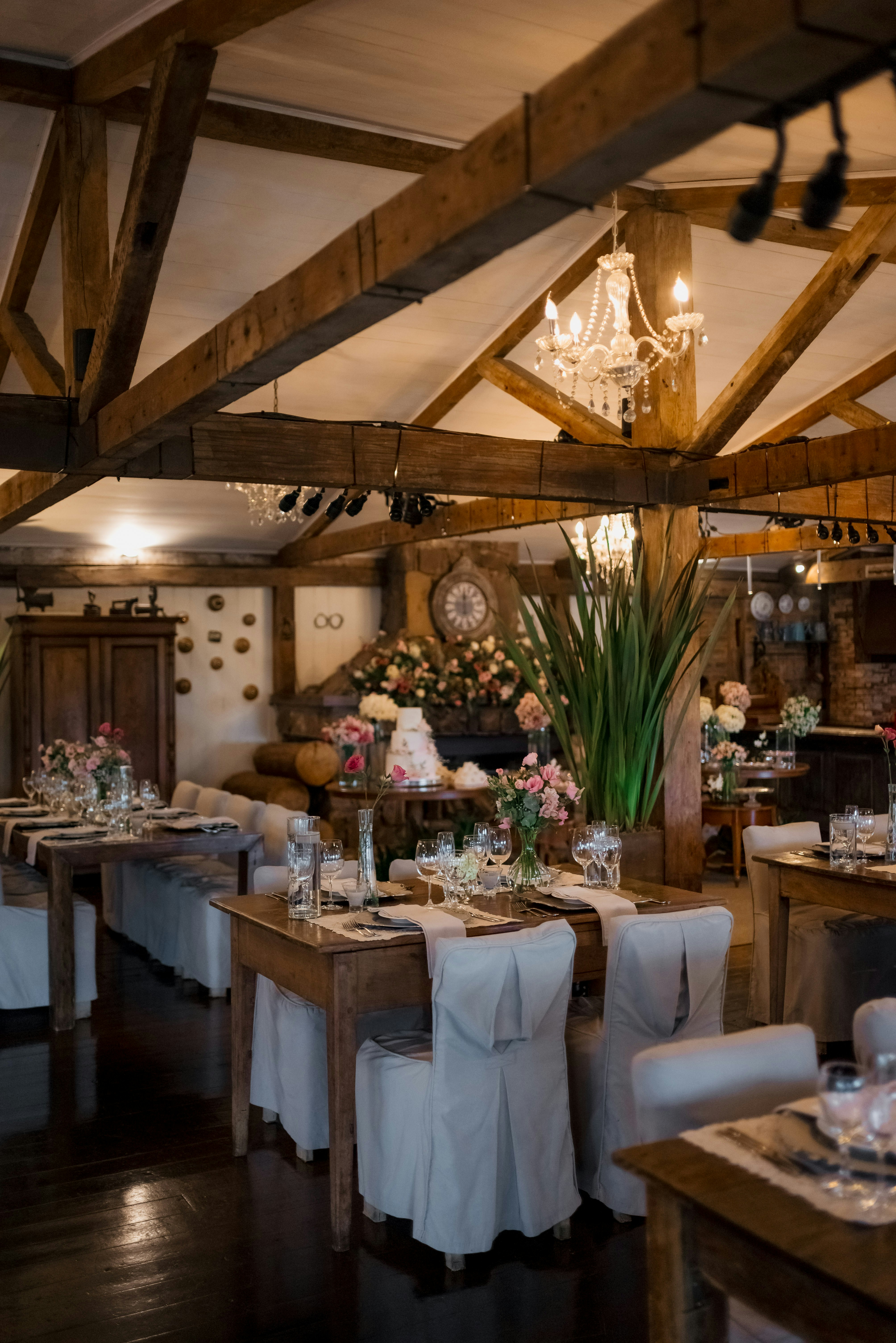 Decorated event venue with warm lighting