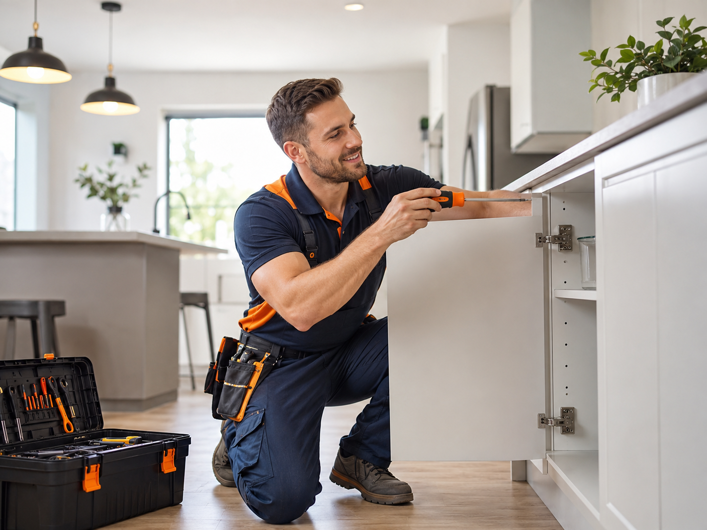 Professional handyman working on a kitchen cabinet in a modern home