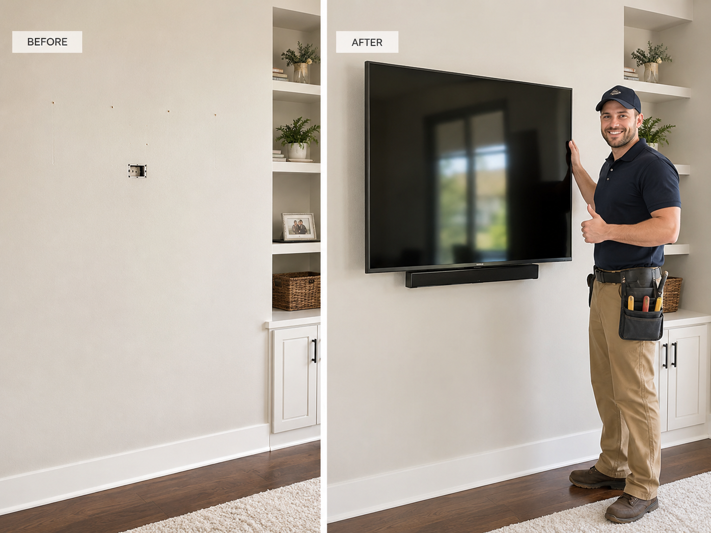 Before and after TV wall mounting installation