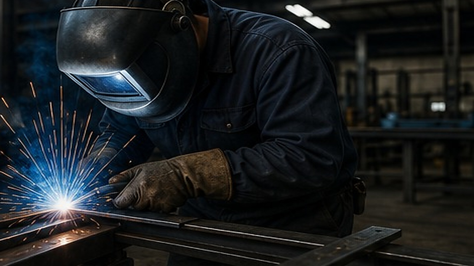 Welder at work in a fabrication workshop