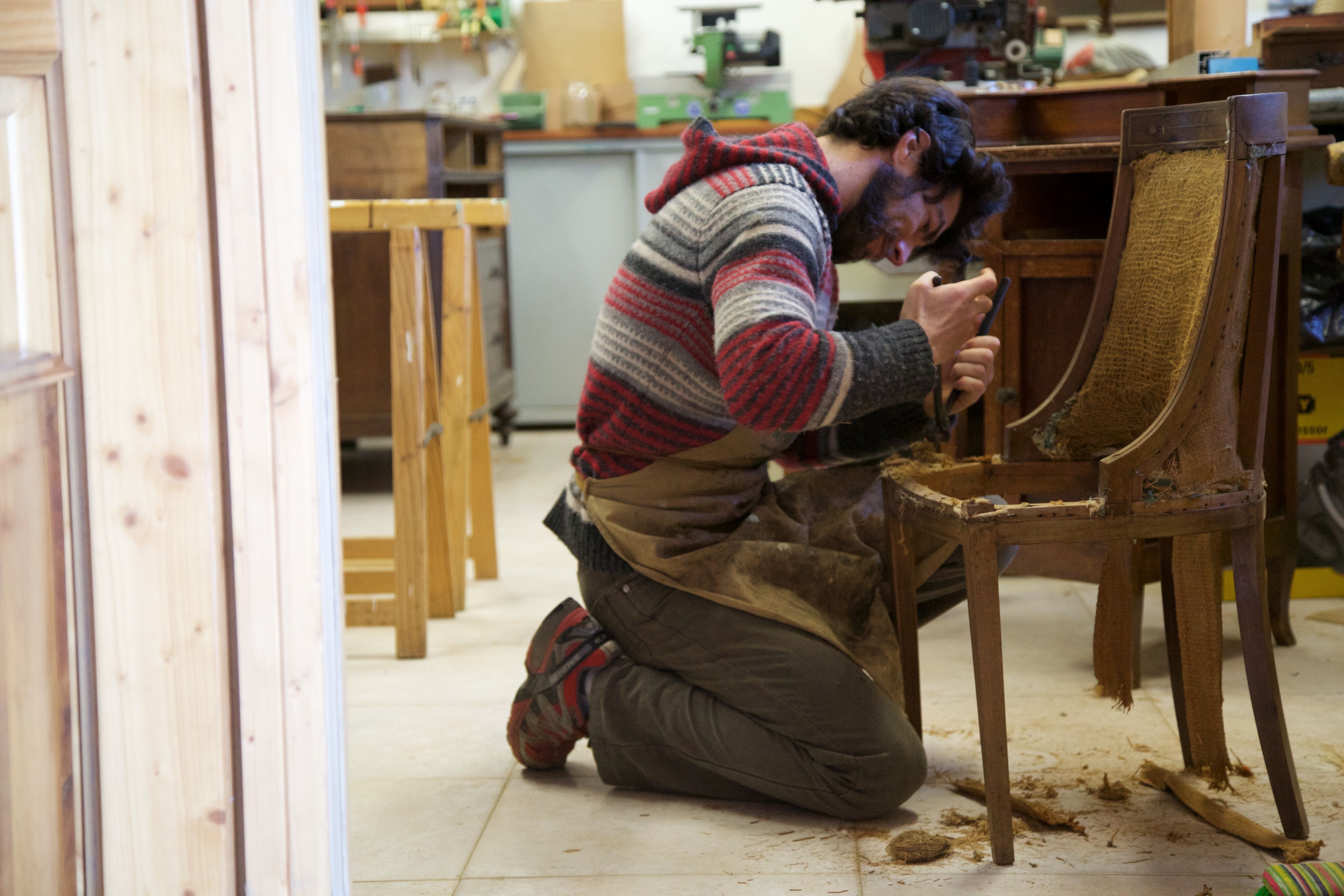 Upholstery workshop restoring furniture