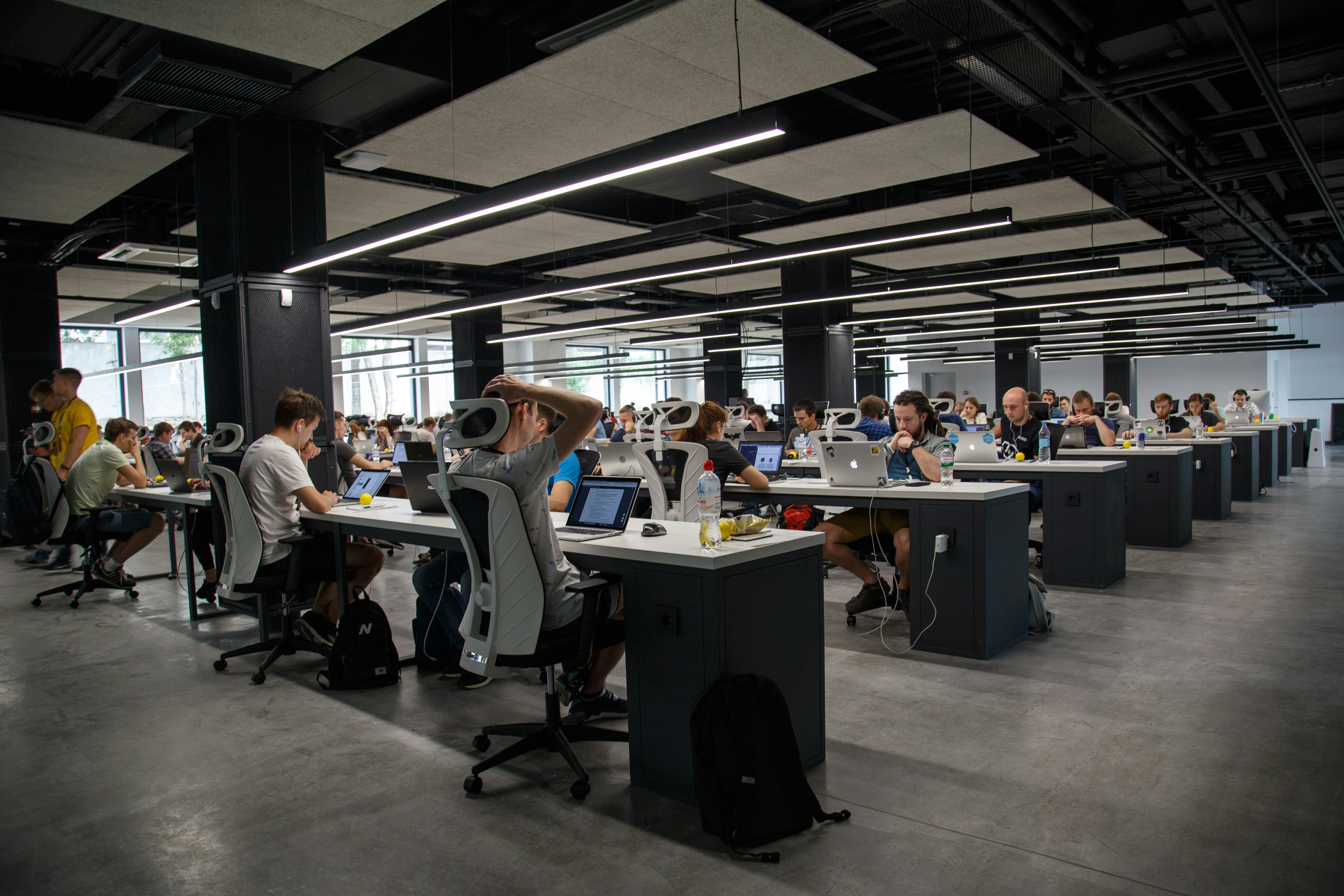 Modern coworking office with shared desks and natural light